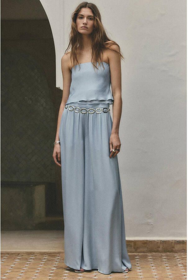 Mango wide leg regular waist broek lichtblauw