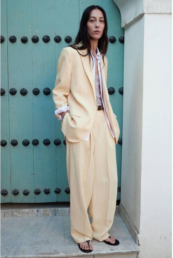 Mango wide leg regular waist broek lichtgeel - Foto 2
