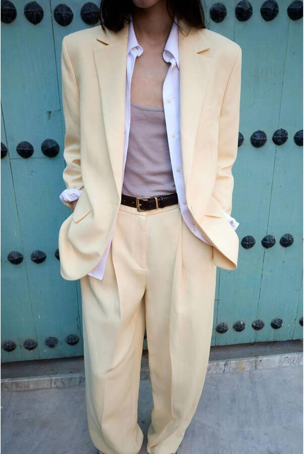 Mango wide leg regular waist broek lichtgeel - Foto 3