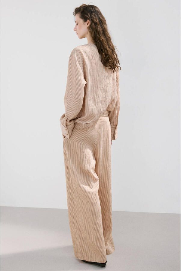 Mango wide leg regular waist broek met krijtstreep beige - Foto 2