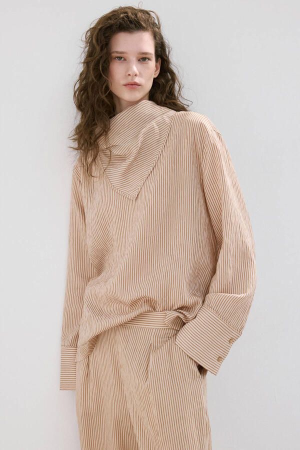 Mango wide leg regular waist broek met krijtstreep beige - Foto 3