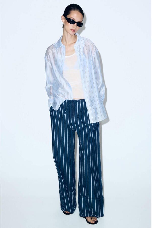 Mango wide leg regular waist broek met krijtstreep dark blue denim