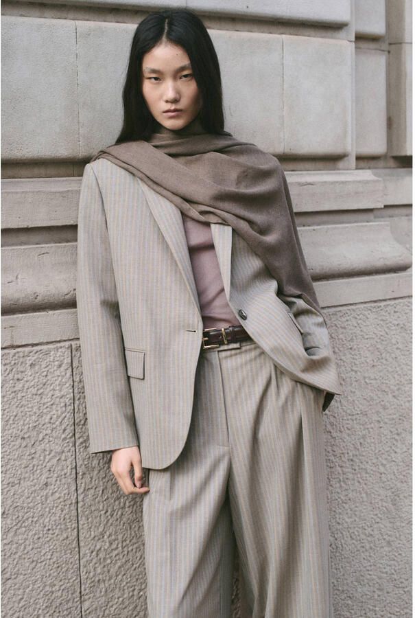 Mango wide leg regular waist broek met krijtstreep lichtbruin - Foto 2