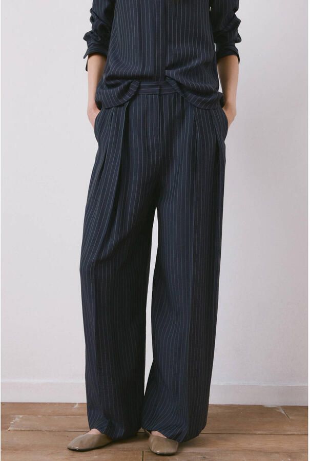Mango wide leg regular waist broek met krijtstreep marineblauw