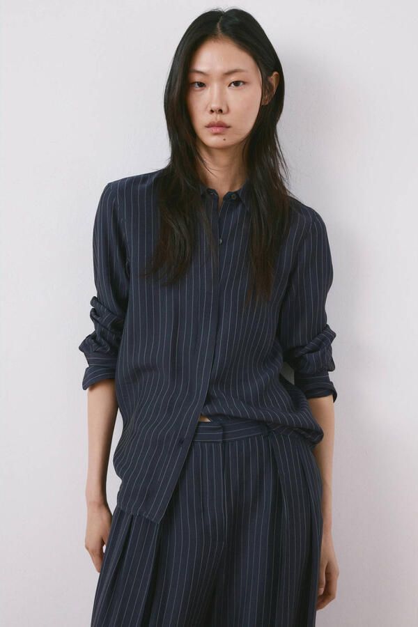 Mango wide leg regular waist broek met krijtstreep marineblauw - Foto 3