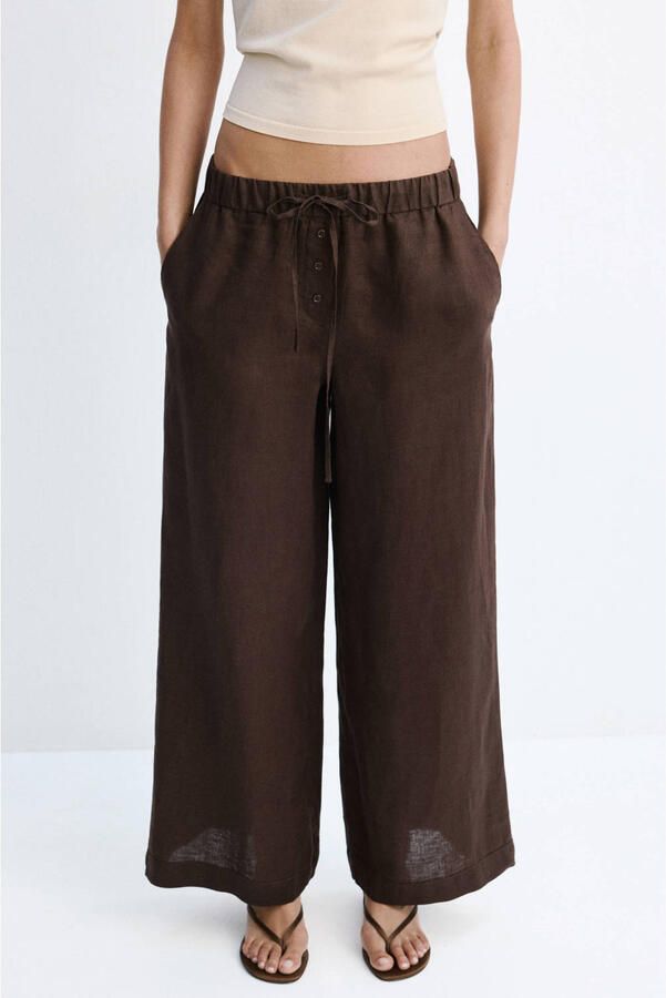 Mango wide leg regular waist broek met linnen bruin