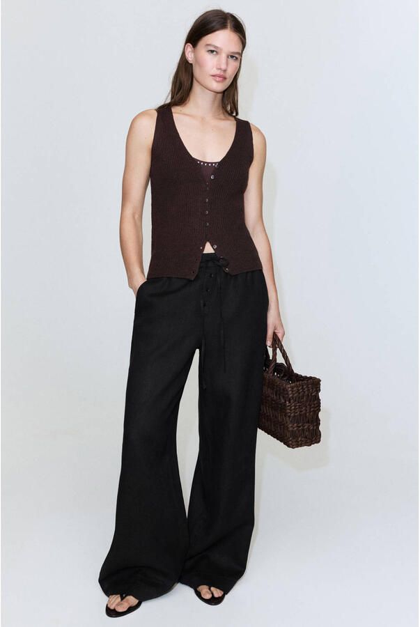 Mango wide leg regular waist broek met linnen zwart