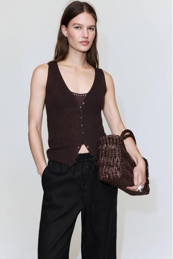 Mango wide leg regular waist broek met linnen zwart - Foto 2