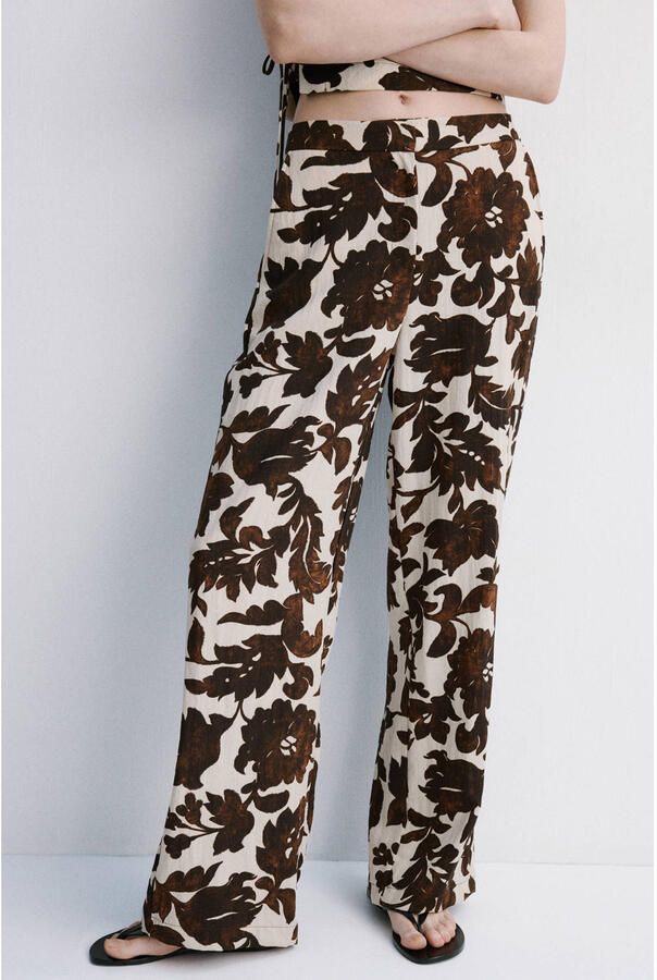 Mango wide leg regular waist gebloemde broek bruin