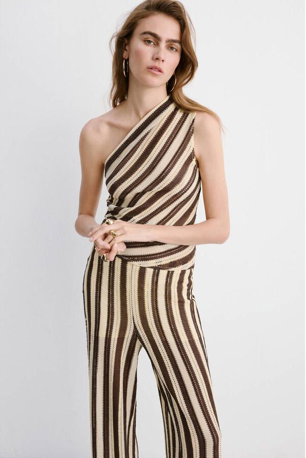 Mango wide leg regular waist gestreepte broek fijn gebreid bruin