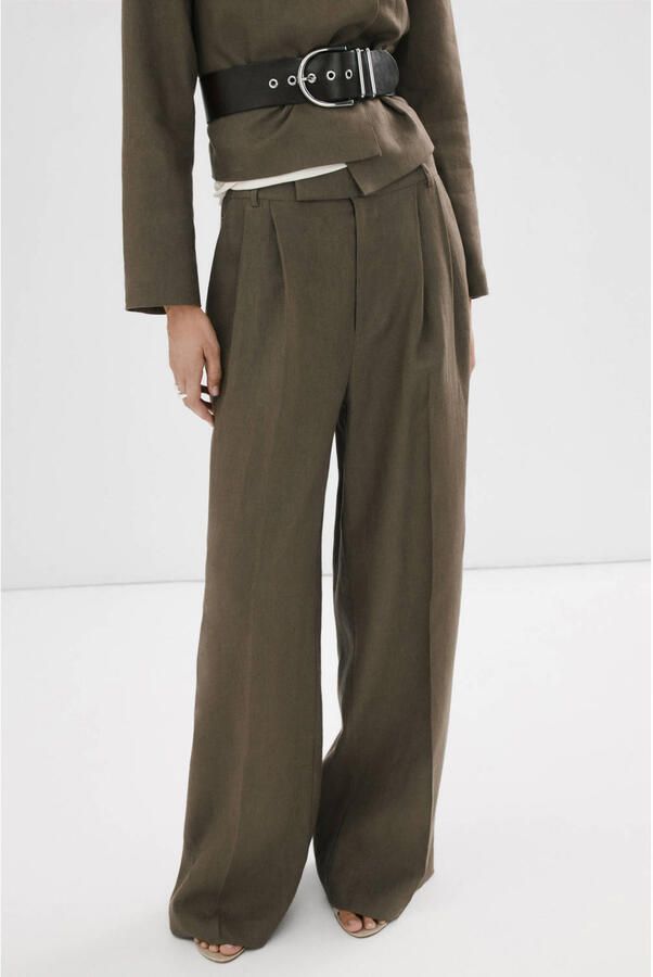 Mango wide leg regular waist pantalon met linnen kaki