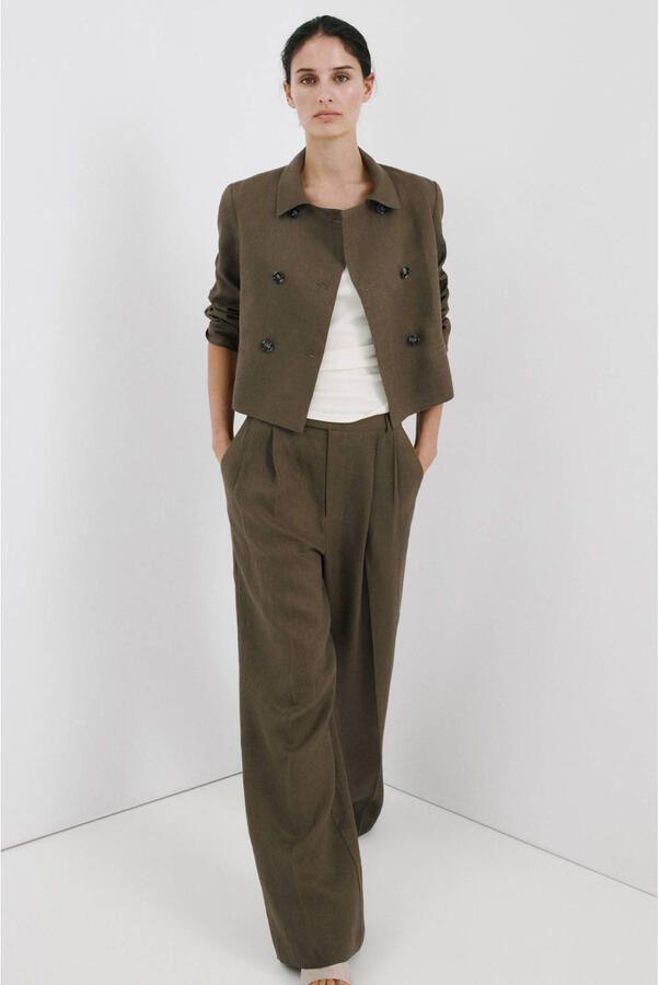 Mango wide leg regular waist pantalon met linnen kaki - Foto 2