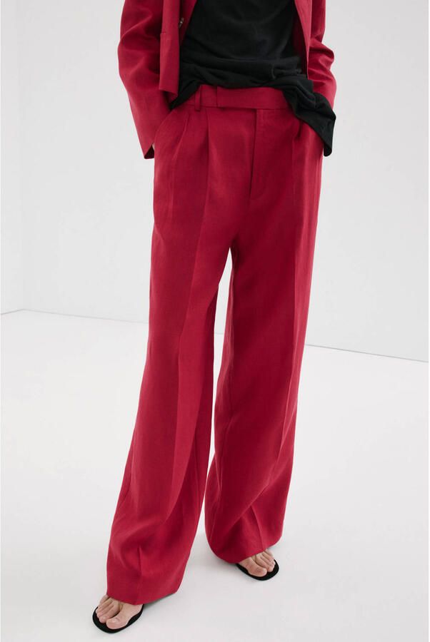 Mango wide leg regular waist pantalon met linnen rood