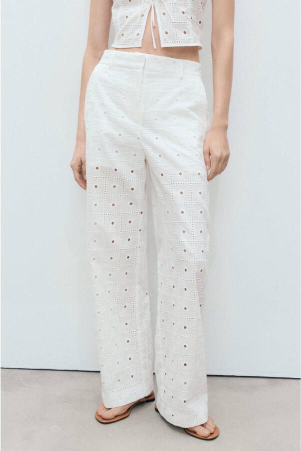 Mango wide leg regular waist pantalon wit crochet