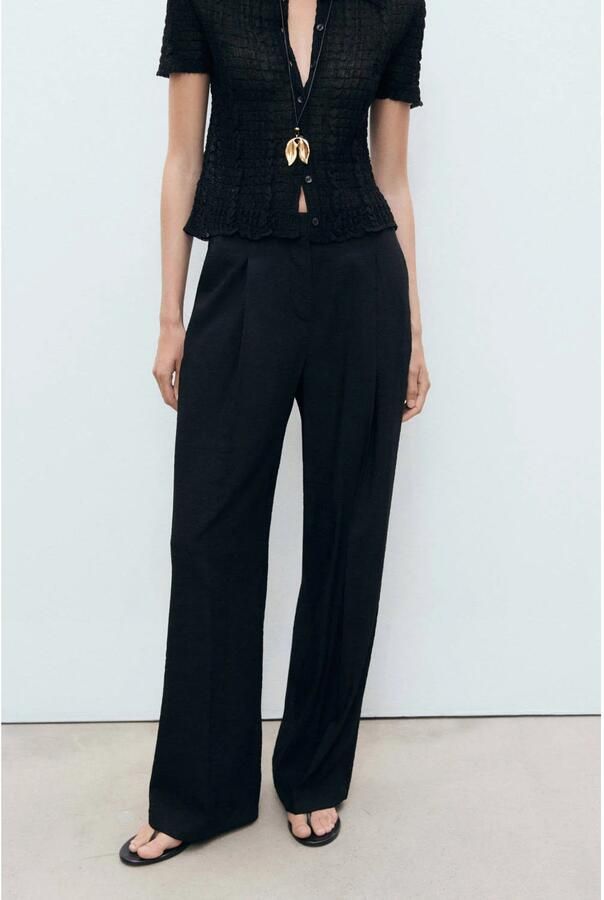 Mango wide leg regular waist pantalon zwart