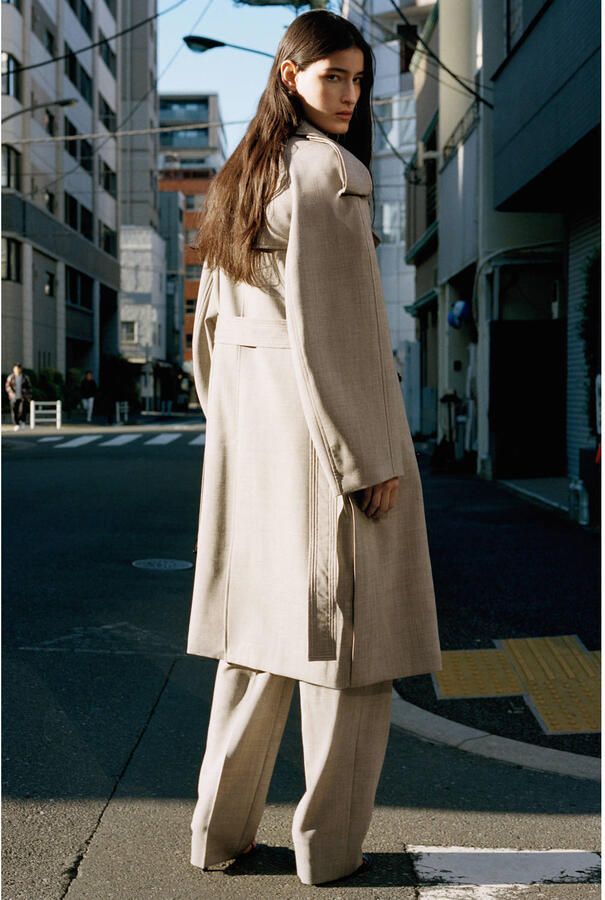 Mango wollen trenchcoat grijs melange