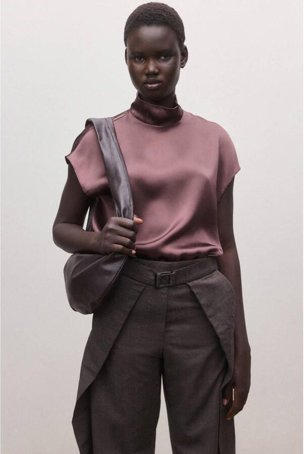 Mango zijden top met col aubergine