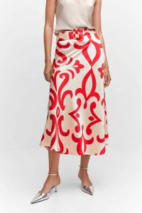 Mango midi rok met all over print en ceintuur ecru rood
