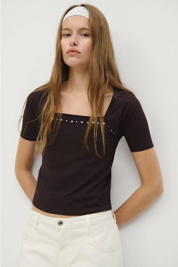 MANGO TEEN aansluitend T-shirt met studs bruin Meisjes Stretchkatoen Vierkante hals maat 152(XXS)