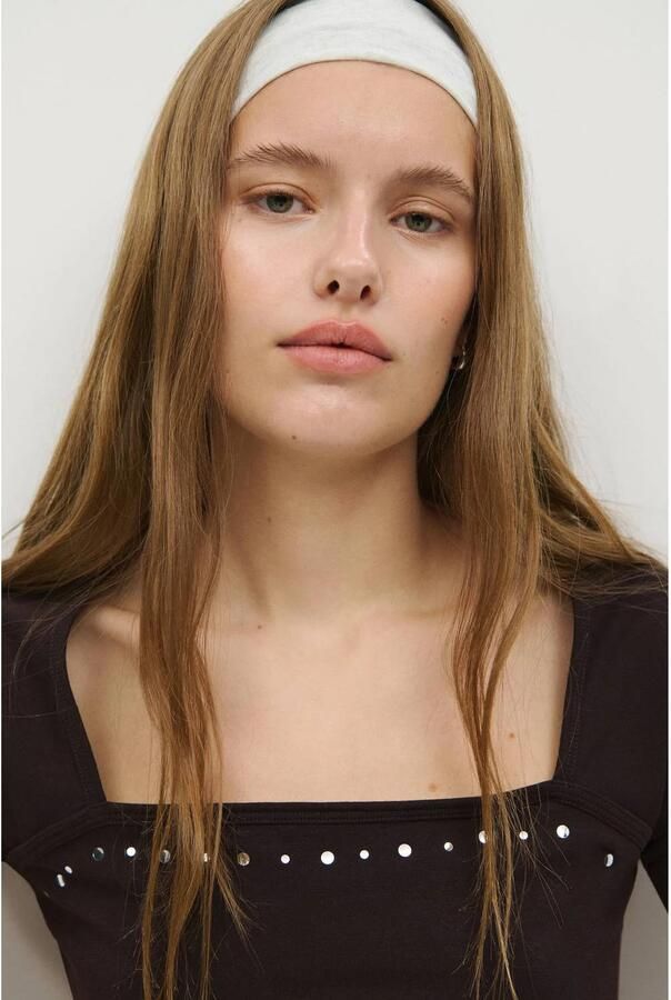MANGO TEEN aansluitend T-shirt met studs bruin Meisjes Stretchkatoen Vierkante hals maat 152(XXS) - Foto 3