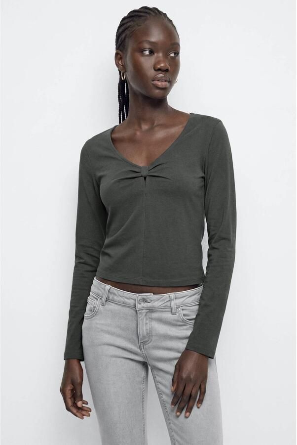 MANGO TEEN aansluitende cropped top antraciet Grijs Meisjes Katoen V-hals maat 152(XXS)