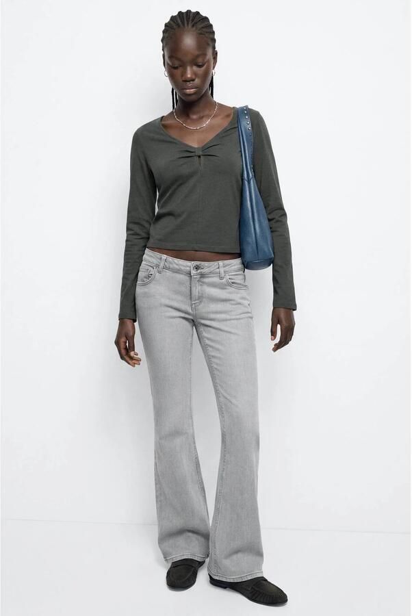 MANGO TEEN aansluitende cropped top antraciet Grijs Meisjes Katoen V-hals maat 152(XXS) - Foto 3