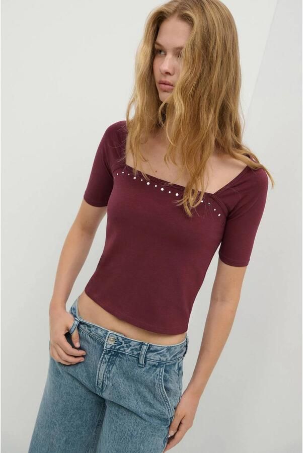 MANGO TEEN aansluitende cropped top met studs donkerrood Meisjes Katoen Vierkante hals maat 152(XXS)