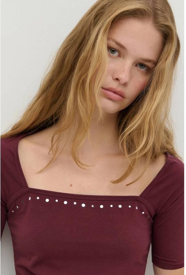 MANGO TEEN aansluitende cropped top met studs donkerrood Meisjes Katoen Vierkante hals maat 152(XXS) - Foto 2