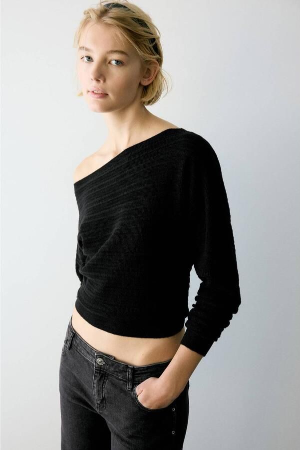 MANGO TEEN aansluitende cropped top zwart Meisjes Acryl One shoulder maat 152(XXS) - Foto 2