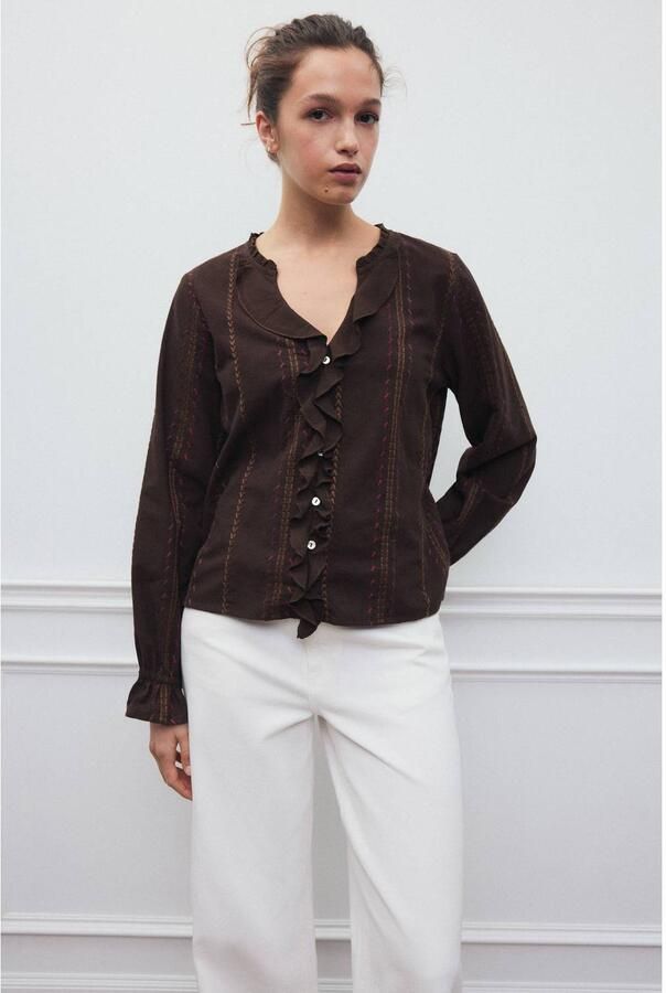 MANGO TEEN blouse met ruches donkerbruin Meisjes Katoen V-hals Effen maat 152(XXS)
