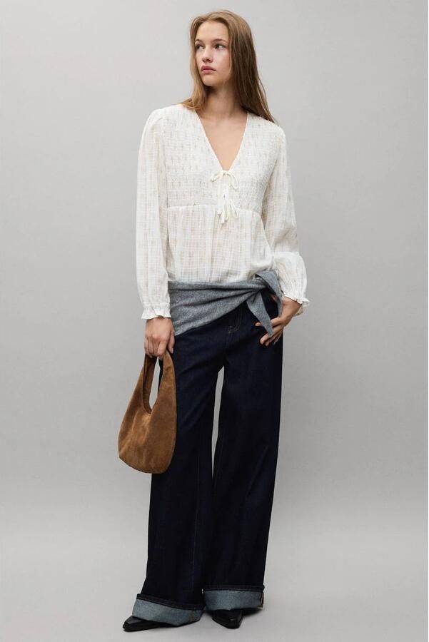 MANGO TEEN blouse met smockwerk wit