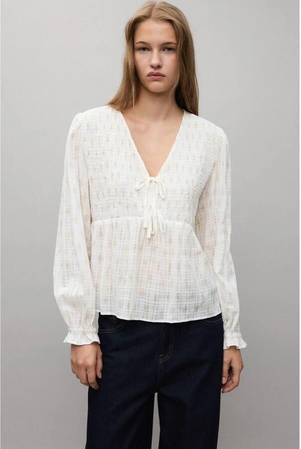 MANGO TEEN blouse met smockwerk wit - Foto 2