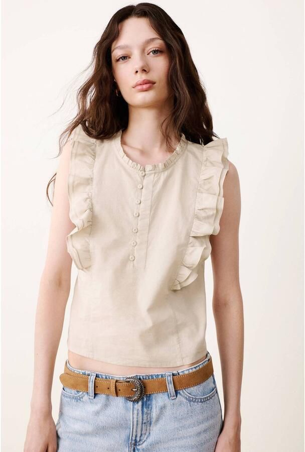 MANGO TEEN blousetop met ruches lichtbruin Meisjes Katoen Ronde hals maat 152(XXS)