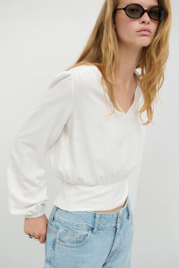 MANGO TEEN blousetop met smockwerk wit