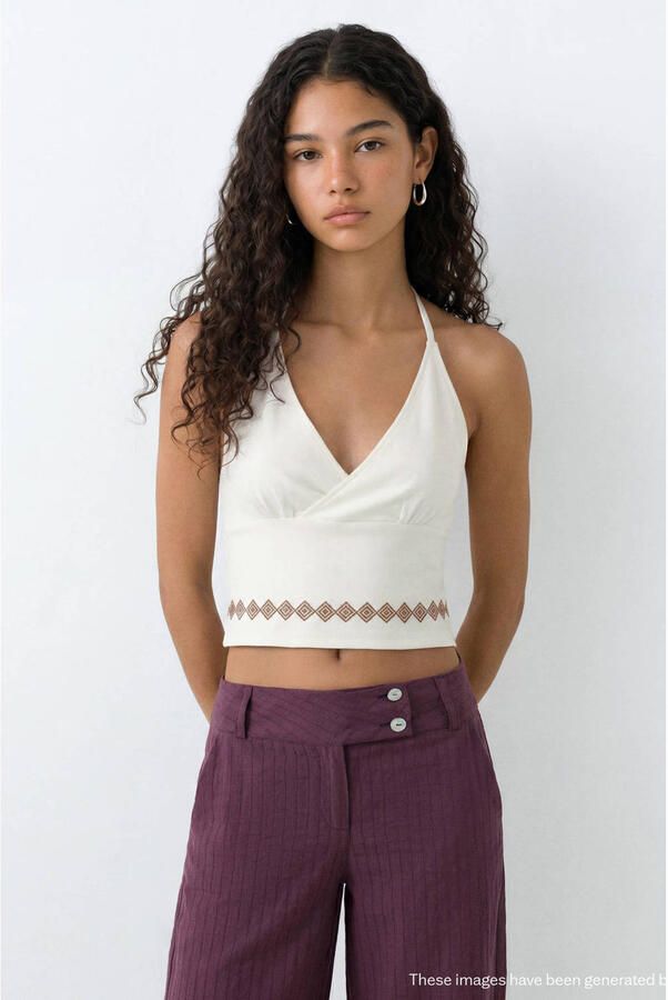 MANGO TEEN cropped haltertop met borduursels wit
