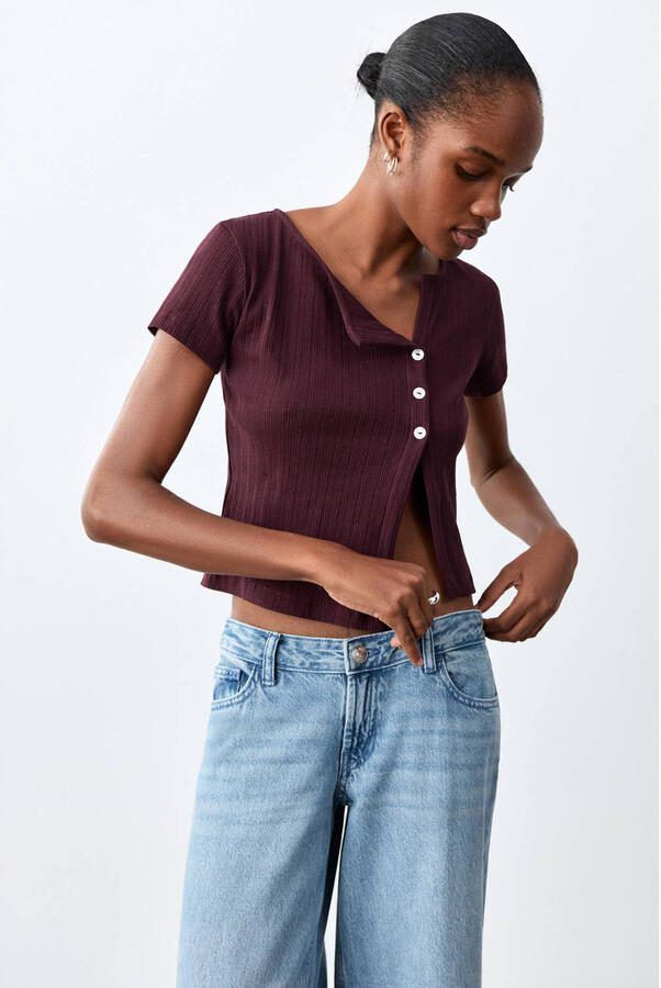 MANGO TEEN cropped top donkerrood rib gebreid