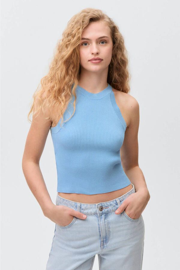 MANGO TEEN cropped top lichtblauw rib gebreid