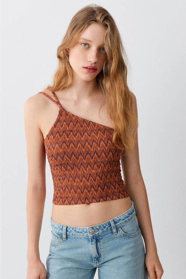 MANGO TEEN cropped top met smockwerk en print donkeroranje