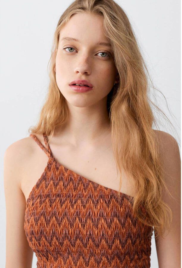MANGO TEEN cropped top met smockwerk en print donkeroranje - Foto 3