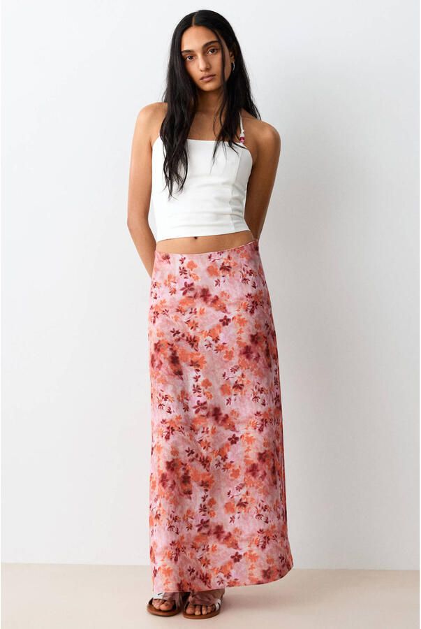 MANGO TEEN gebloemde maxi rok roze