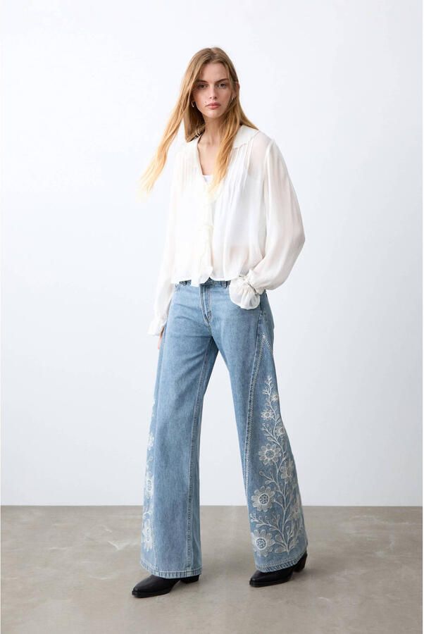 MANGO TEEN gebloemde wide leg jeans light blue denim