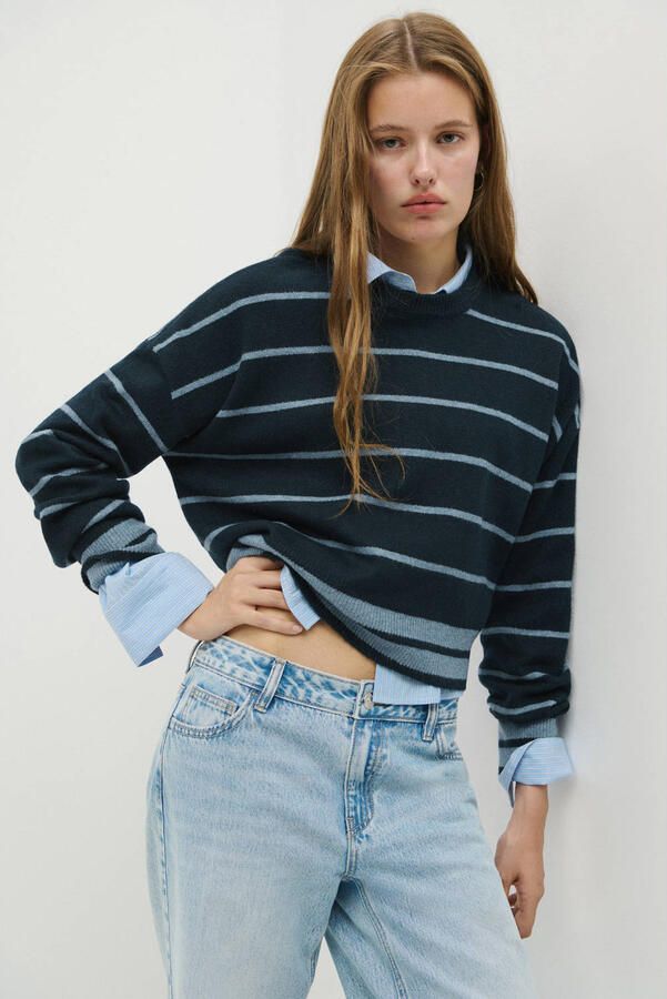 MANGO TEEN gebreide gestreepte trui donkerblauw