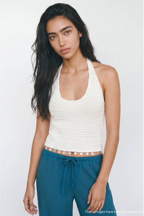 MANGO TEEN gebreide haltertop met pailletten wit
