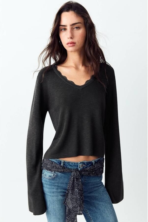 MANGO TEEN gebreide top antraciet Grijs Meisjes Viscose V-hals Effen maat 152(XXS)