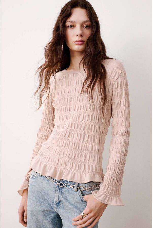 MANGO TEEN gebreide top met plooien en smockwerk oudroze