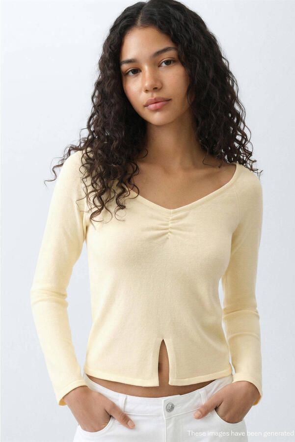 MANGO TEEN gebreide top met smockwerk lichtgeel