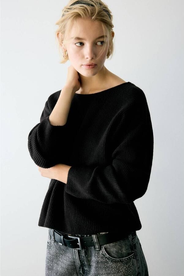 MANGO TEEN gebreide trui met open rug en wol zwart Meisjes Polyester Ronde hals maat 152(XXS)