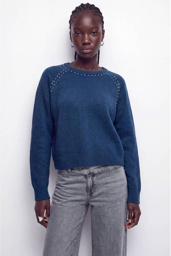 MANGO TEEN gebreide trui met studs blauw Meisjes Acryl Ronde hals Effen maat 152(XXS)