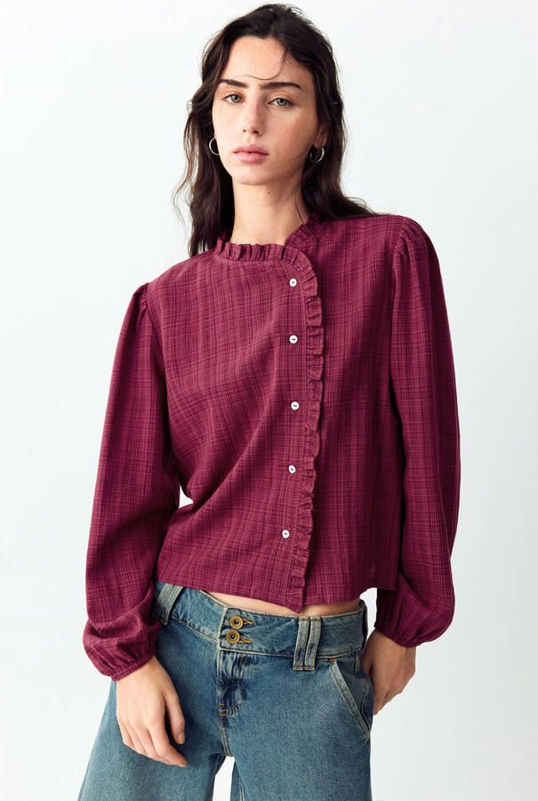 MANGO TEEN geruite blouse met ruches donkerrood