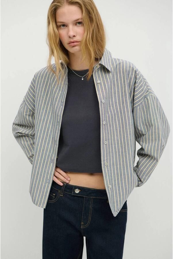 MANGO TEEN gestreepte blouse lichtblauw ecru Meisjes Katoen Klassieke kraag maat 158(XS)